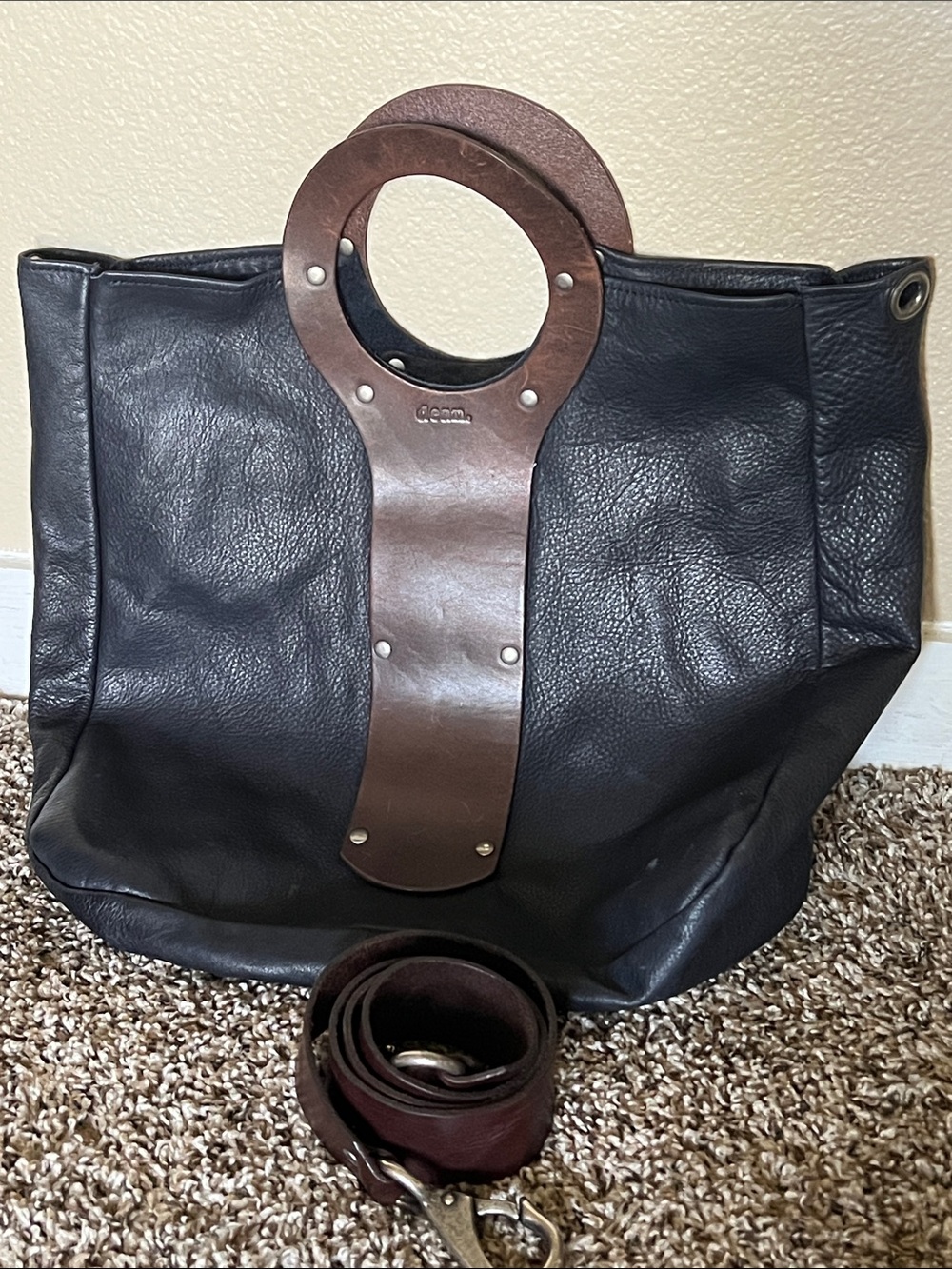 Black Leather Circle-Handle Tote with Brown Accent